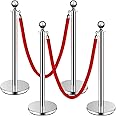 Stainless Steel Stanchion Post,Stanchions with Red Rope,Hollow Base and Velvet Ropes Safety Barriers Set,Carpet Runner for Party (4pack-Silver)