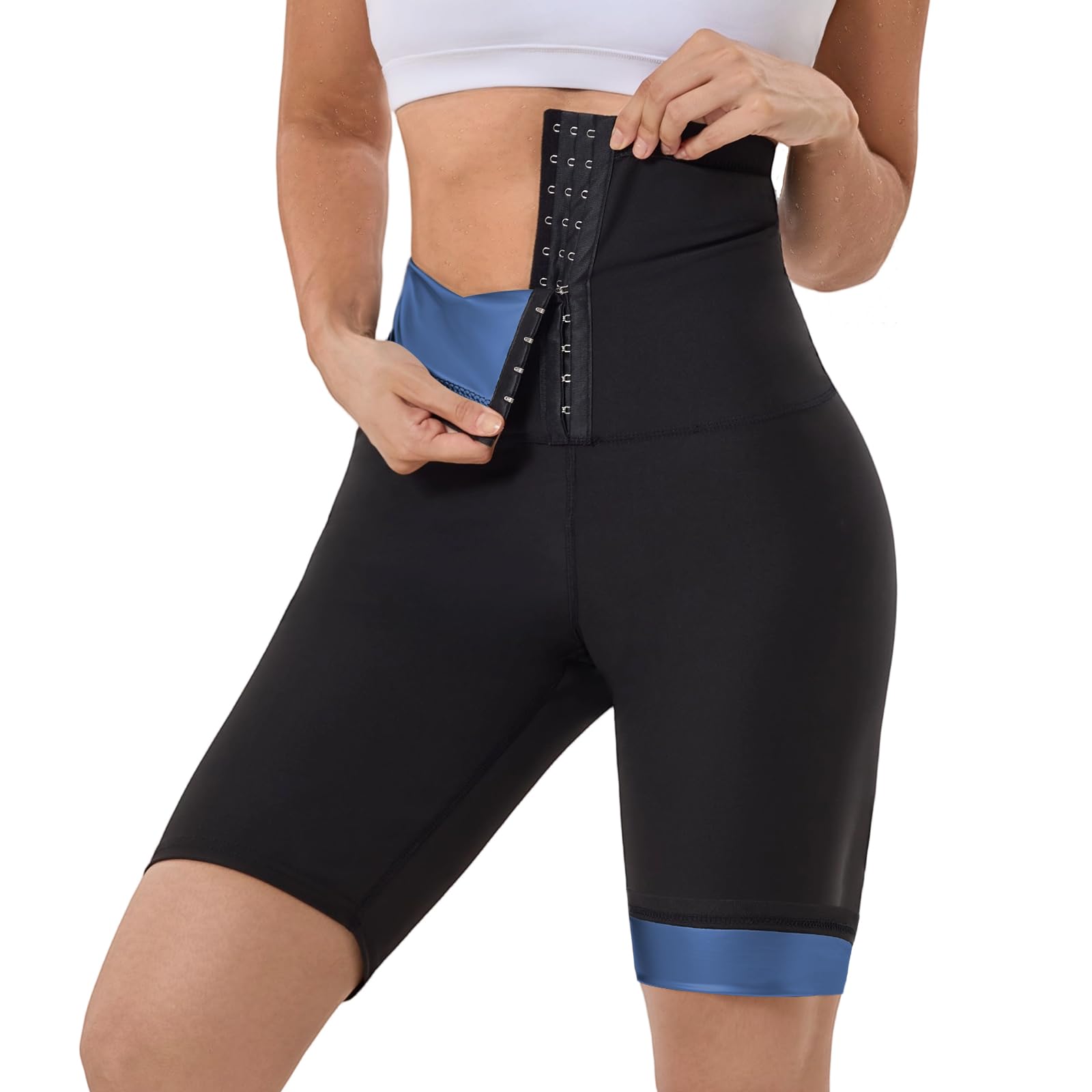 Photo 1 of Meiosuns Sauna Sweat Shorts for Women Weight Loss High Waisted Short Workout Waist Trainer Compression Sweat Sauna Pants Tummy Control Slimming Leggings Exercise Body Shaper Thighs (Blue,L)