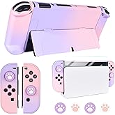 DLseego Protective Case Design for Nintendo Switch OLED Joy-Con Controllers New Model 2021 with Glass Screen Protector and 4 Cute Thumb Grip Caps, Anti-Scratch Touch Grip Cover – Pink & Purple