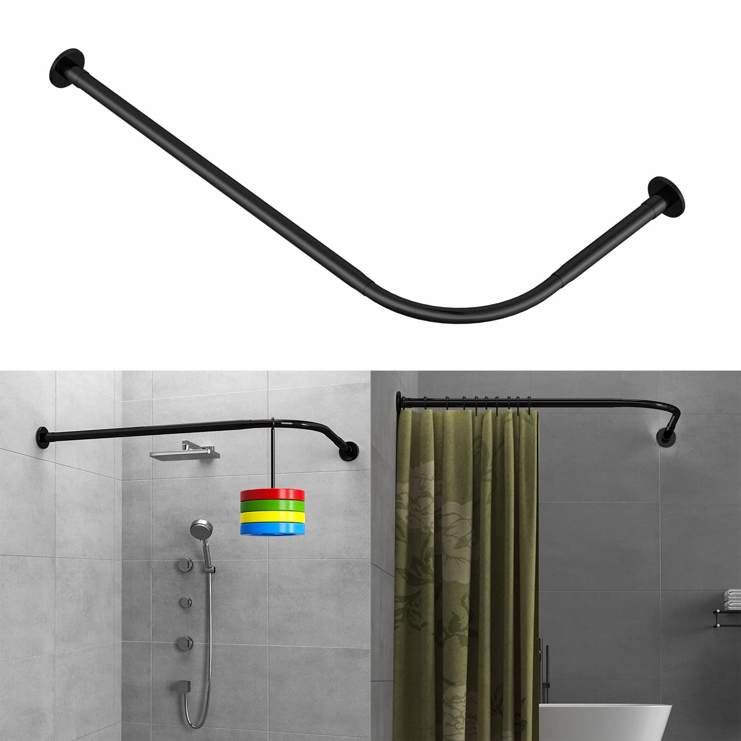 Tanxih Adjustable Corner Shower Curtain Rod L Shaped Black Stretchable 304 Stainless 70-100 Cm X 120-165 Cm Drill Free Install for Corner Bathtub with Free Hooks