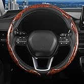 3pcs Universal Car Brown Wood Grain Steering Wheel Cover for D-Shaped and Round Steering Wheel of 37-38cm (14.5-15 inches) Protective Cover Anti Slip Auto Interior Accessories