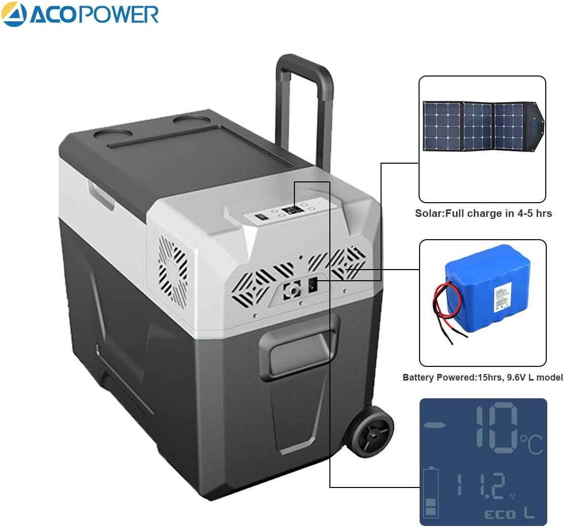 UpperX Portable Electric Cooler Refrigerator/Freezer ACOPOWER Wheeled Car Solar Freezer 42 Quart Solar/AC/Car Charging Battery with Built-in Compressor DC 12V Vehicle Plug for Truck,Outdoor,Camping