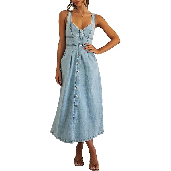 Conshvi Womens Sexy Sleeveless Denim Midi Dress Casual Strap Corset Button  Down Flowy A Line Jean Long Dresses, Light Blue, Small at Amazon Women's  Clothing store