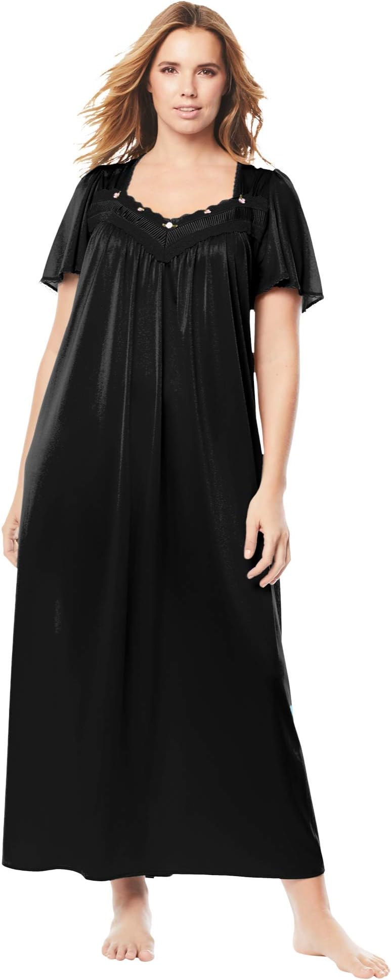 Only Necessities Women's Plus Size Long Silky Lace-Trim Gown Pajamas
