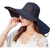Women Folable Floppy Sun Hat Wide Brim Sun Protection Straw Hat Summer UV Protection Beach Hat Cap UPF 50+(Black)