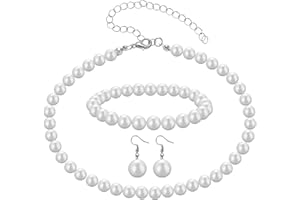 DIVINA VITAE 3 Pcs 8mm Pearl Necklace Bracelet Earrings Set Faux Pearl Jewelry Set for Women Simulated Pearl Necklaces Set Round White Pearl Costume Jewelry Accessories for Women Girls Brides Wedding Gift