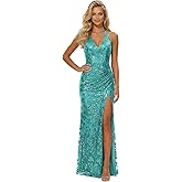 WENKAFO Women's Sequin Halter Prom Dresses with Split Long Mermaid Ruched Formal Evening Gowns 2026