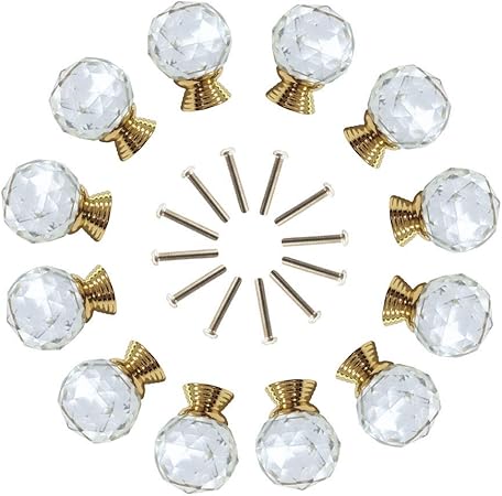 Anjuu 12 Pcs 30mm Round Shape Crystal Glass Cabinet Knobs With