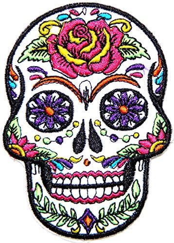 Rose Flora Flower Calavera Mexican Sugar Skull Floral Love Never Die Lady Day of Death Patch Sew Iron on Embroidered Applique Fabric Motif Cloth Decoration DIY Costume (No.1 (2.5"wide x 3.75"tall))