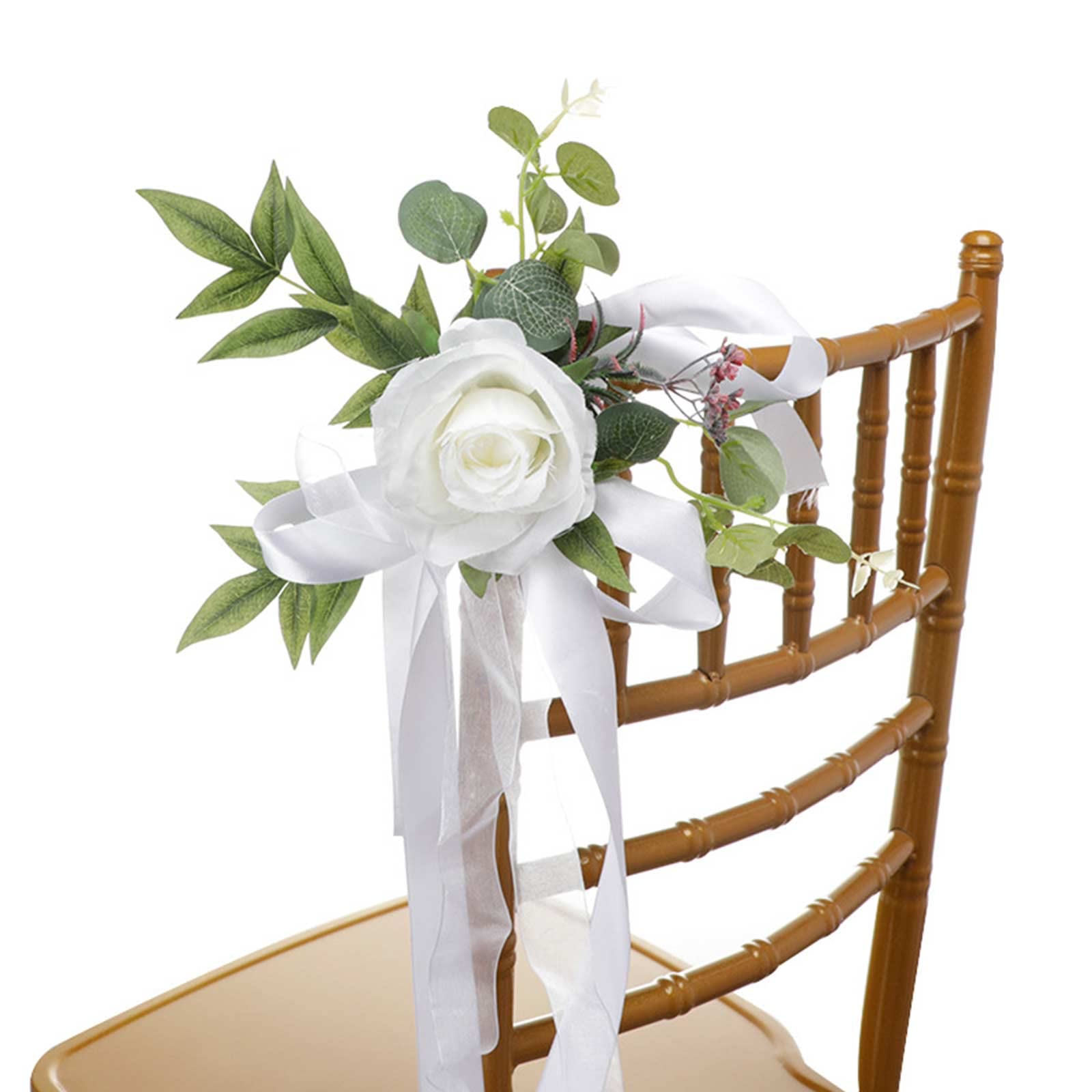 YQYAZL Wedding Aisle Decorations Set of 6 Church Chair Bench Pew Bows for Wedding Ceremony Party Chair Decor with Artificial Flowers Eucalyptus and Ribbons, White(6pcs), 2x2 inch