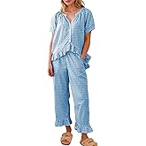 APRTEAK Womens 2 Piece Gingham Pajamas Set Cute Plaid Pjs Cotton Short Sleeve Babydoll Shirt Ruffle Pants Lounge Sets