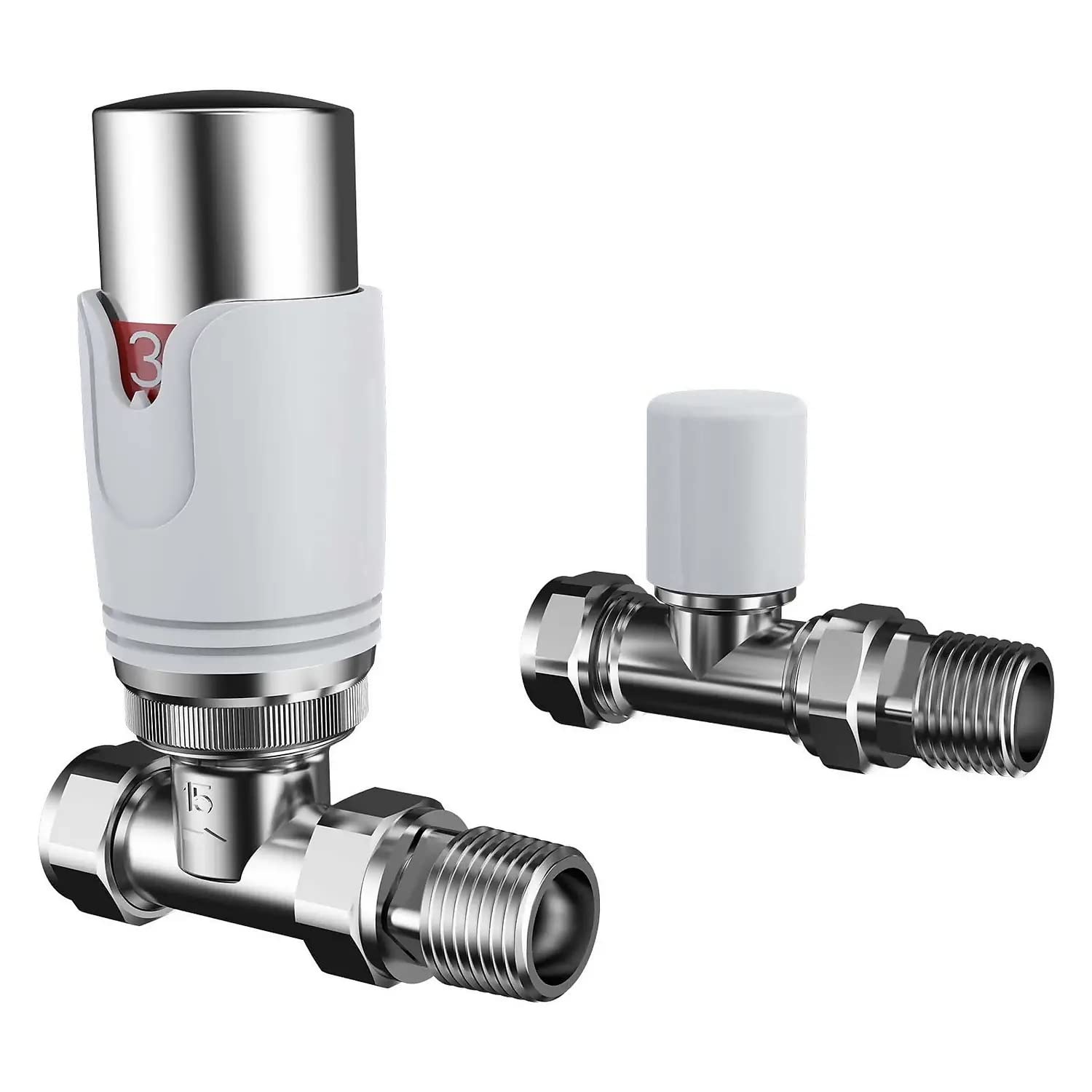 Anthracite/White/Chrome/Black Radiator Valves - Thermostatic Radiator Valve Set for a Vertical/Horizontal Radiator - Angled/Straight TRV & Lock Shield (Straight, White)