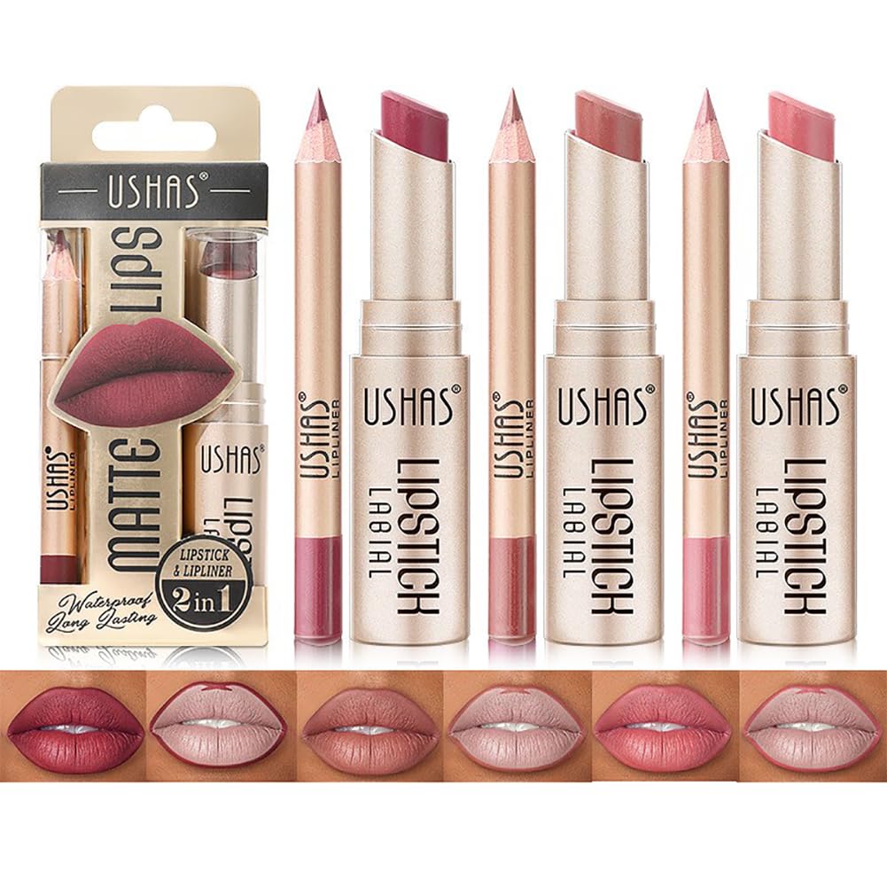 6Pack Matte Lipstick Set 3 Colors Lip Liner Pens + 3 Colors Velvety Matte Lipstick High Pigmented Long Lasting Lip Makeup Kit with Nice Gift Package