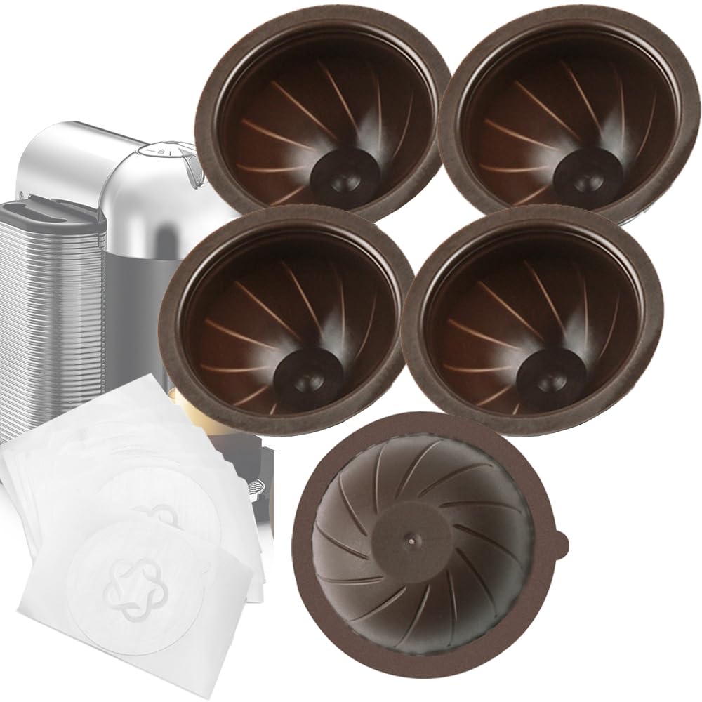 LUKELI 5 Pcs Vertuo Reusable Capsule Vertuo Pods Refillable Coffee Capsules Refill Pod Fits for NES presso Vertuo with 10 Pcs Disposable Aluminum Foils(150ML)