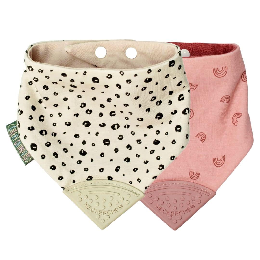 Cheeky Chompers Baby Bibs with Teether | 2 months+ Teething Bibs, Toddler Bibs | Reversible Dribble Bib & Baby Teether | Multi-Award Winning Neckerchew (Leopard & Rainbow, 2 Pack)