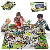 BGdoyz Dinosaur Toy Figure Activity Play Mat with Dinosaur Cars, Dice, Trees to Create a Dinosaur World Including T-Rex, Triceratops, Velociraptor, for Kids, Boys, Girls
