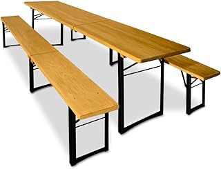 Deuba Bierzeltgarnitur Festzeltgarnitur mittig klappbar 220 cm Biertisch & 2 Bierbänke Biertischgarnitur Holz Garten Set