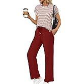 Glamaker Women's 2 Piece Sets Striped Summer Outfits Short Sleeve Shirts Wide Leg Pants Casual Lounge Sweatsuits