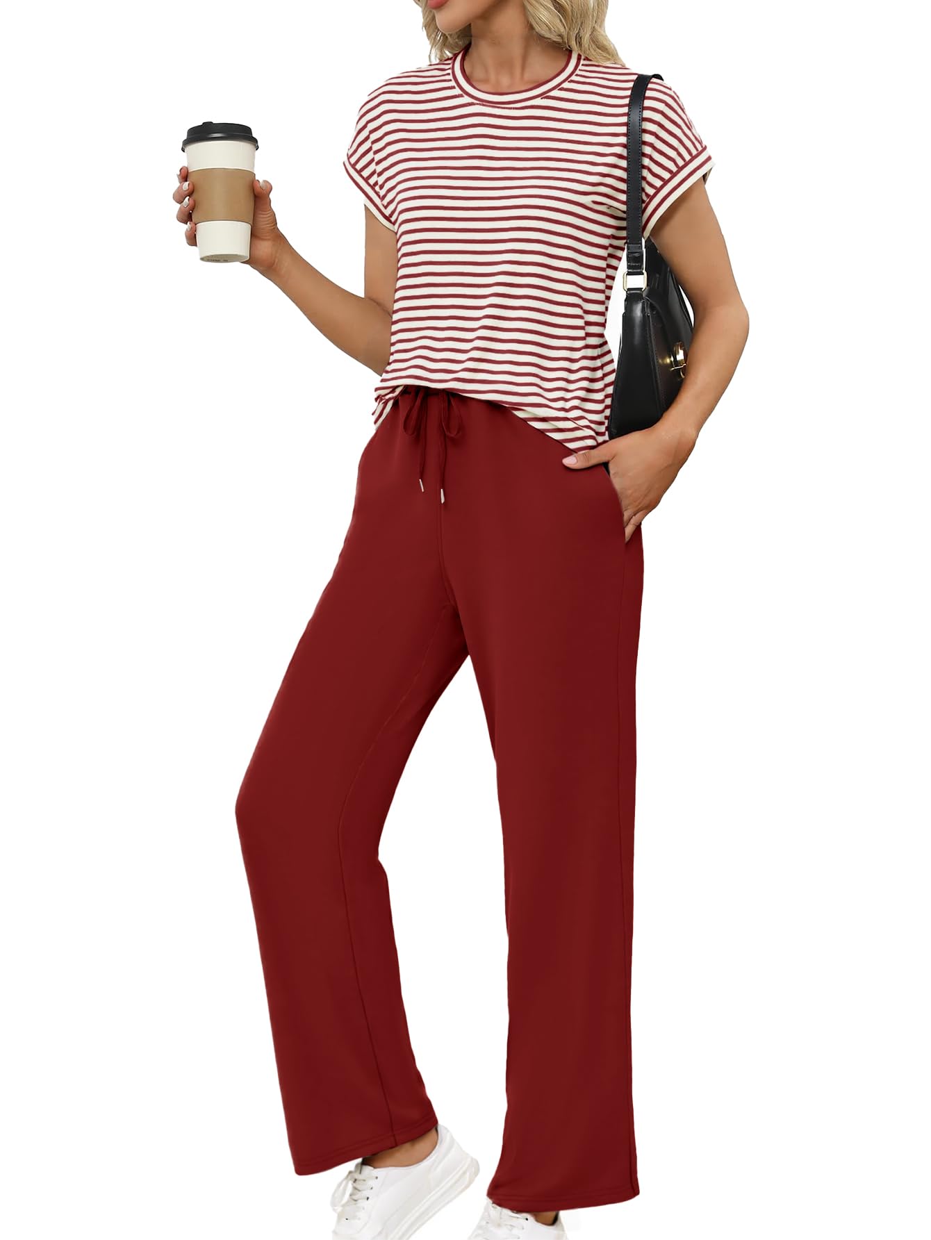 Photo 1 of Glamaker Lounge Sets for Women 2 Piece Outfits Short Sleeve T Shirts Wide Leg Pants Casual Sweatsuits Tracksuit Sets Wine red S