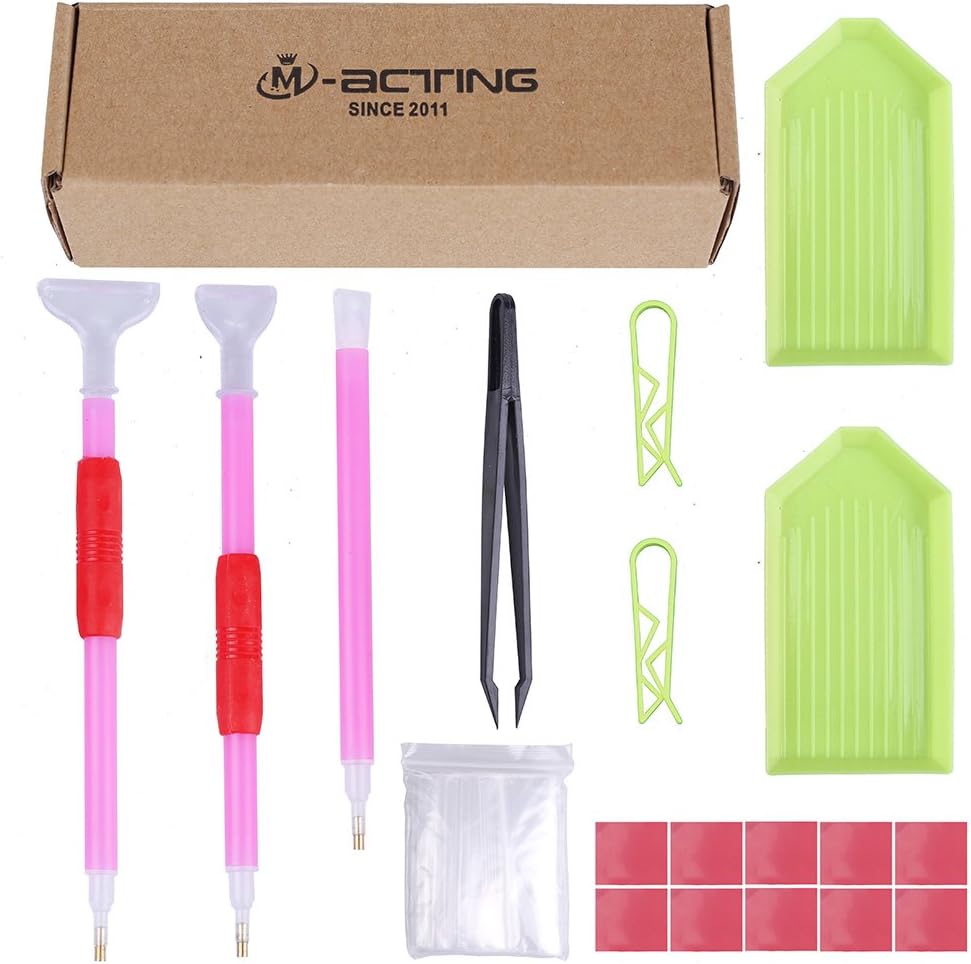 MACTING Diamond Painting Tools, 29PCS 5D Diamond Painting Accessories Kit with Lamp Drill Pen, 2 in 1 Design Wooden Roller, Diamond Painting Embroidery for Adults