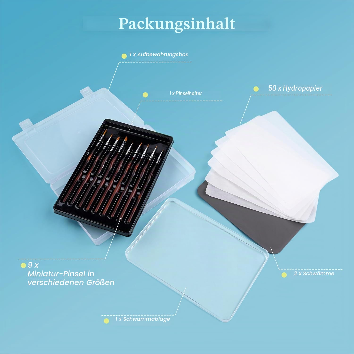 golden maple Nasspalette für Miniaturmalerei – Wet Palette für Acrylmalerei-Set mit 9 Miniatur-Pinseln, 50 Palettenpapieren, 2 Schwämmen, 1 Pinselhalter und 1 Schwamm-Schale 7