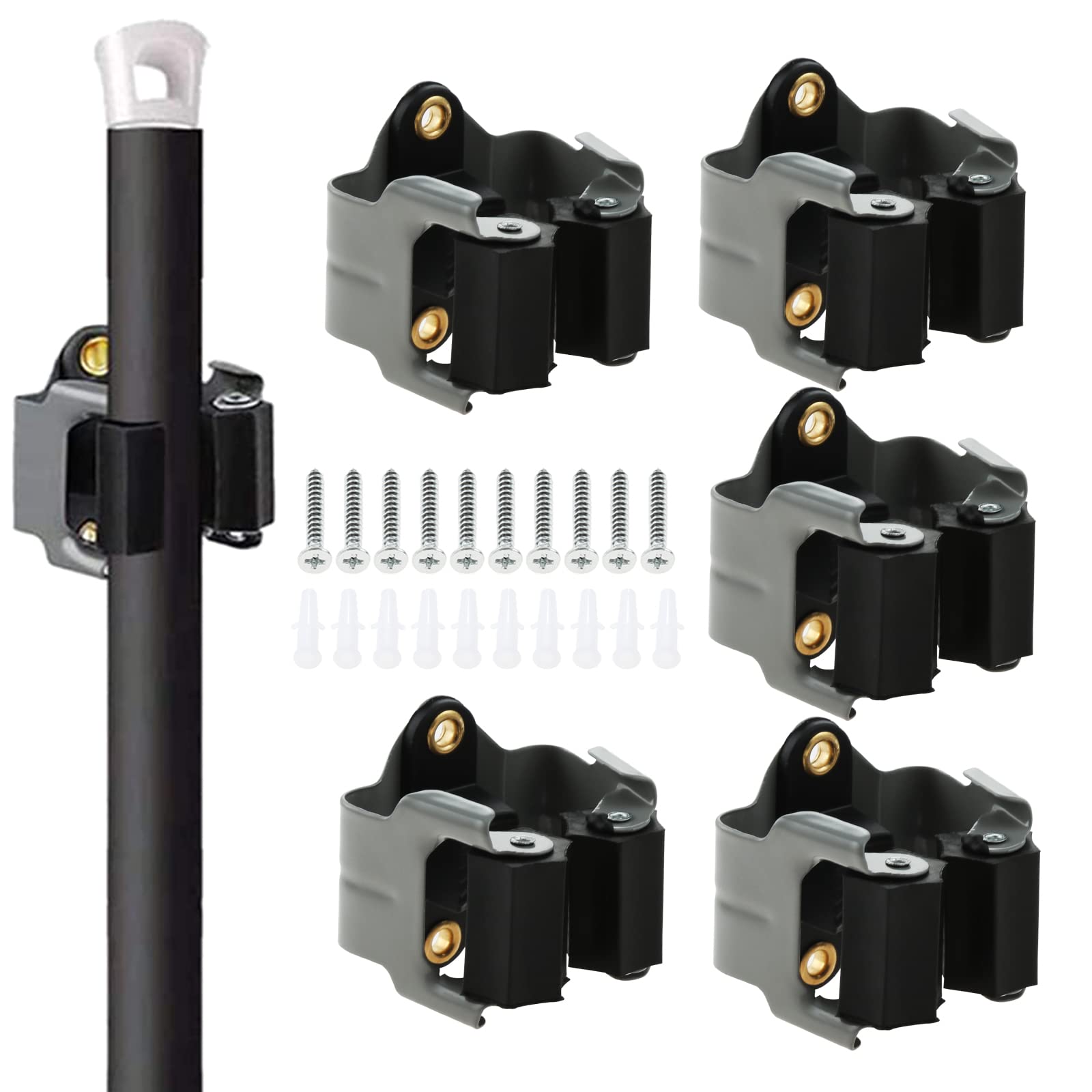 DRELD 5Pcs Broom Holders Wall Mounted, Heavy-duty Tools Storage Organizer Mop Tidy Bracket with Screws for Garage, Garden, Yard, Shed, Kitchen, Bathroom, Shovel, Rake, Brush, Axe, Drill, Trimmer