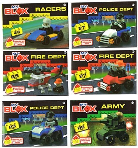 My Blox Building Blocks 6 Sets for Boys Fire Truck, Army Tank, Police Car, Race Car, and Helicopter Bundle of 6 Kits
