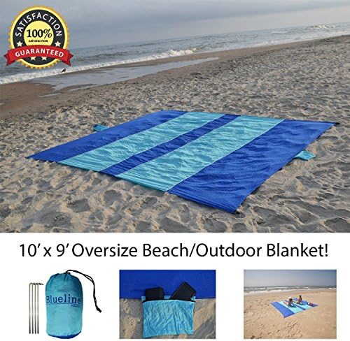 Blueline Products 2018 New Design Oversize 9'x10' Waterproof Sandproof Durable Nylon Parachute Beach/Outdoor/Picnic Blanket with Zipper Pocket