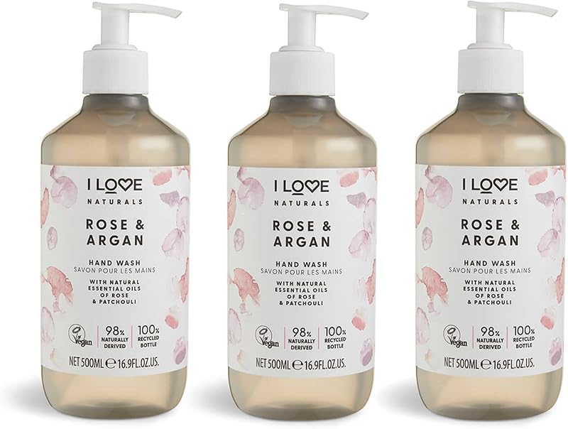 I LOVE Naturals Rose Argan Hand Wash 500ml Vegan Floral Cruelty-Free 3 Pack