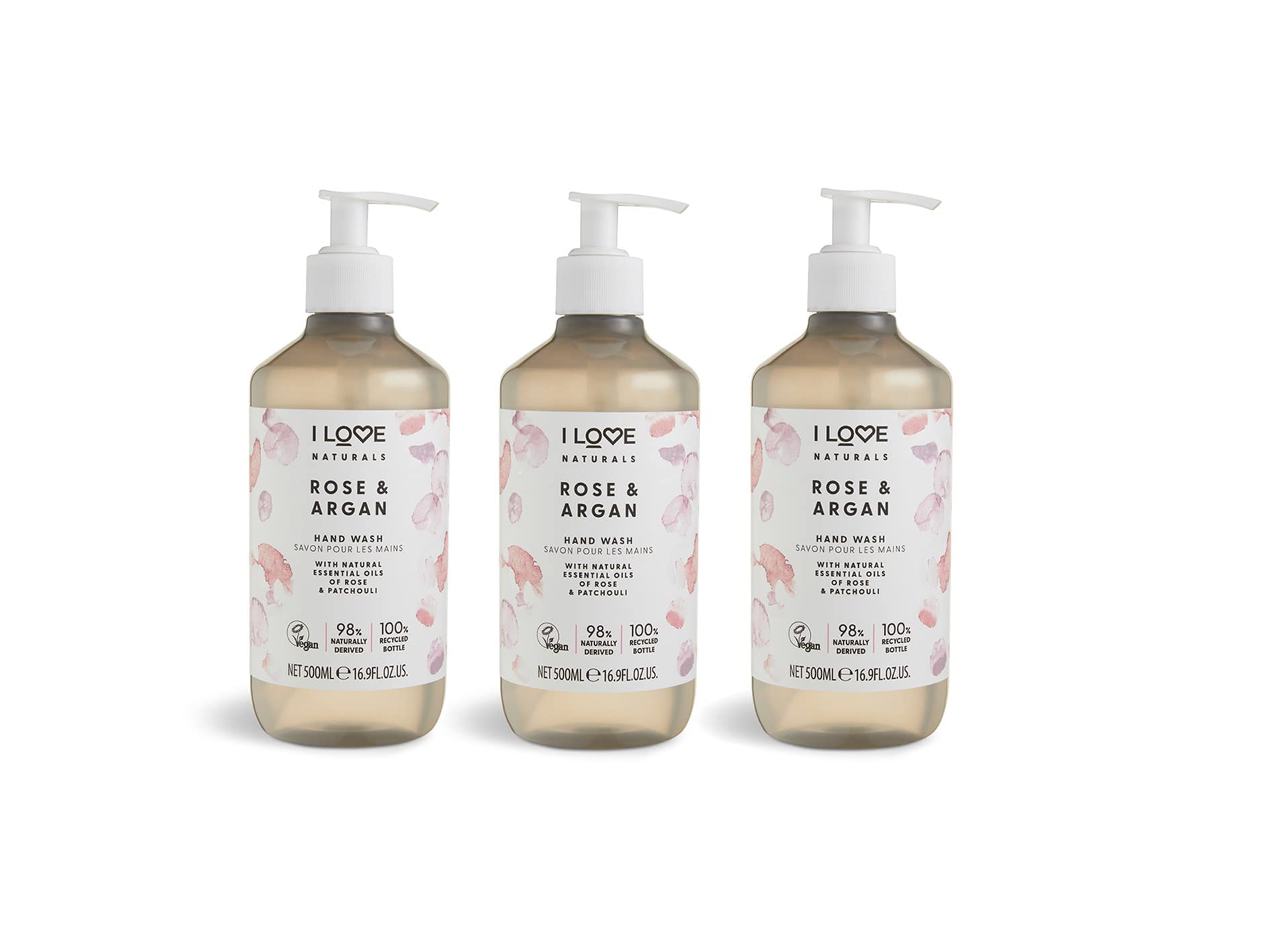 I Love Naturals Rose & Argan Hand Wash – With Natural Oils of Rose & Patchouli – Gently Cleanses & Refreshes – Nourishing Vegan Hand Soap – Floral Scented, Cruelty-Free Daily Hand Care 500ml 3 x 500ml