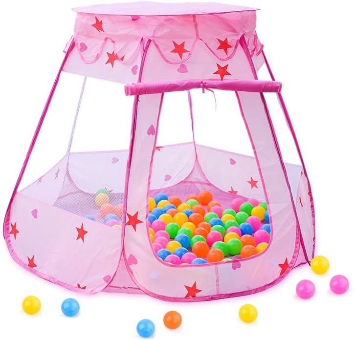 Pop Up Pink Princess Play Tent, Foldable Pretend Playhouse Ball Pit Indoor & Outdoor with Lights