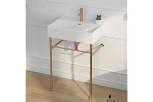 Eridanus 24"x16" Console Bathroom Sink, Free Standing 30 Inch Chrome Steel Support Pedestal Legs, Wall Mount White Vessel Ceramic Vanity Basin Modern Rectangular Sinks Porcelain, Brushed Gold