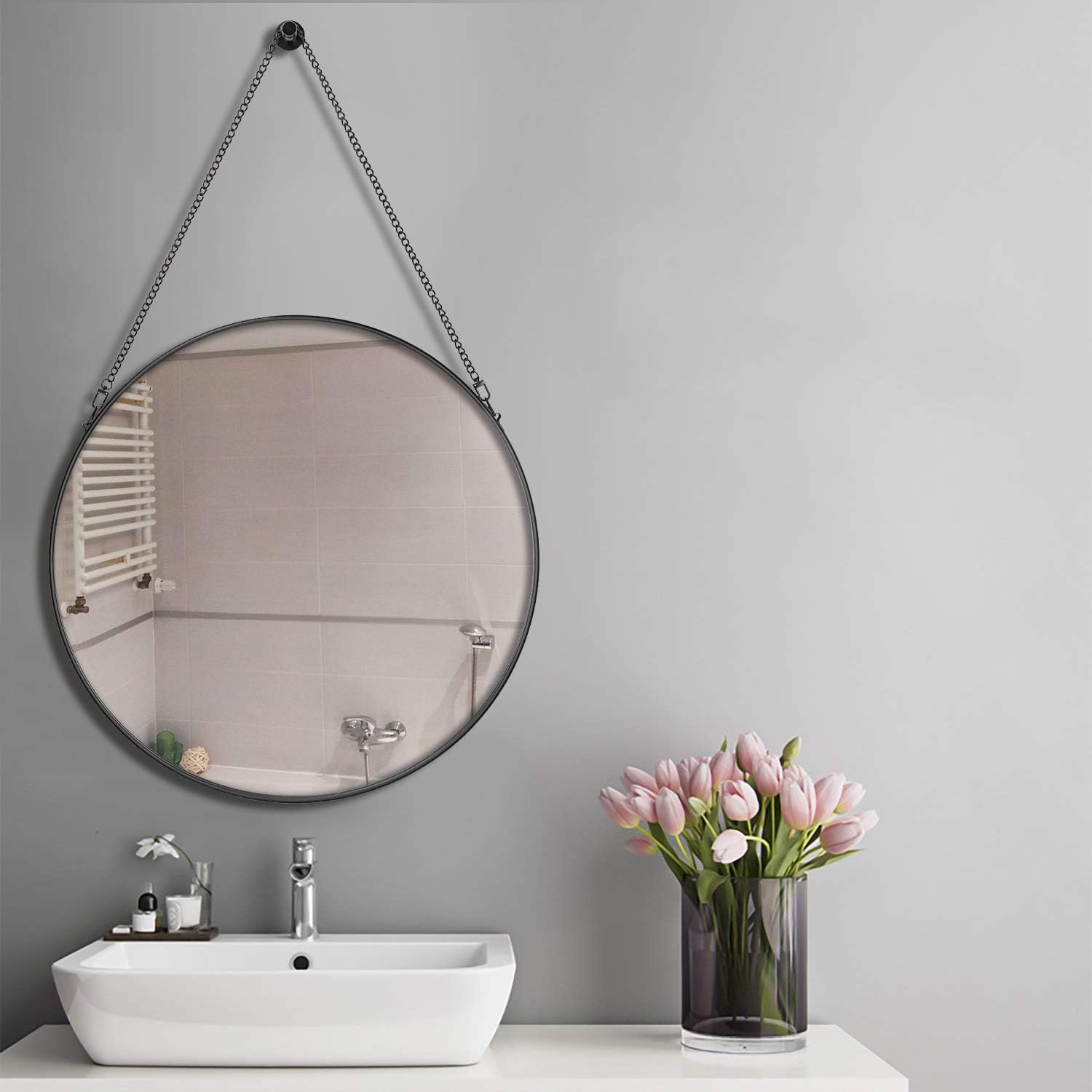 SIMMER STONE Round Wall Mirror, Metal Framed Mirror with Hanging Chain, Decorative Mirror for Bedroom, Living Room and Bathroom, Size 20", Black: Home & Kitchen
