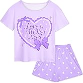 Beinou Girls Pajamas for Kids 2Pcs Pjs Girls Summer Pajama Sets Short Sleeve Top and Shorts for Teen Clothes Size 4-15