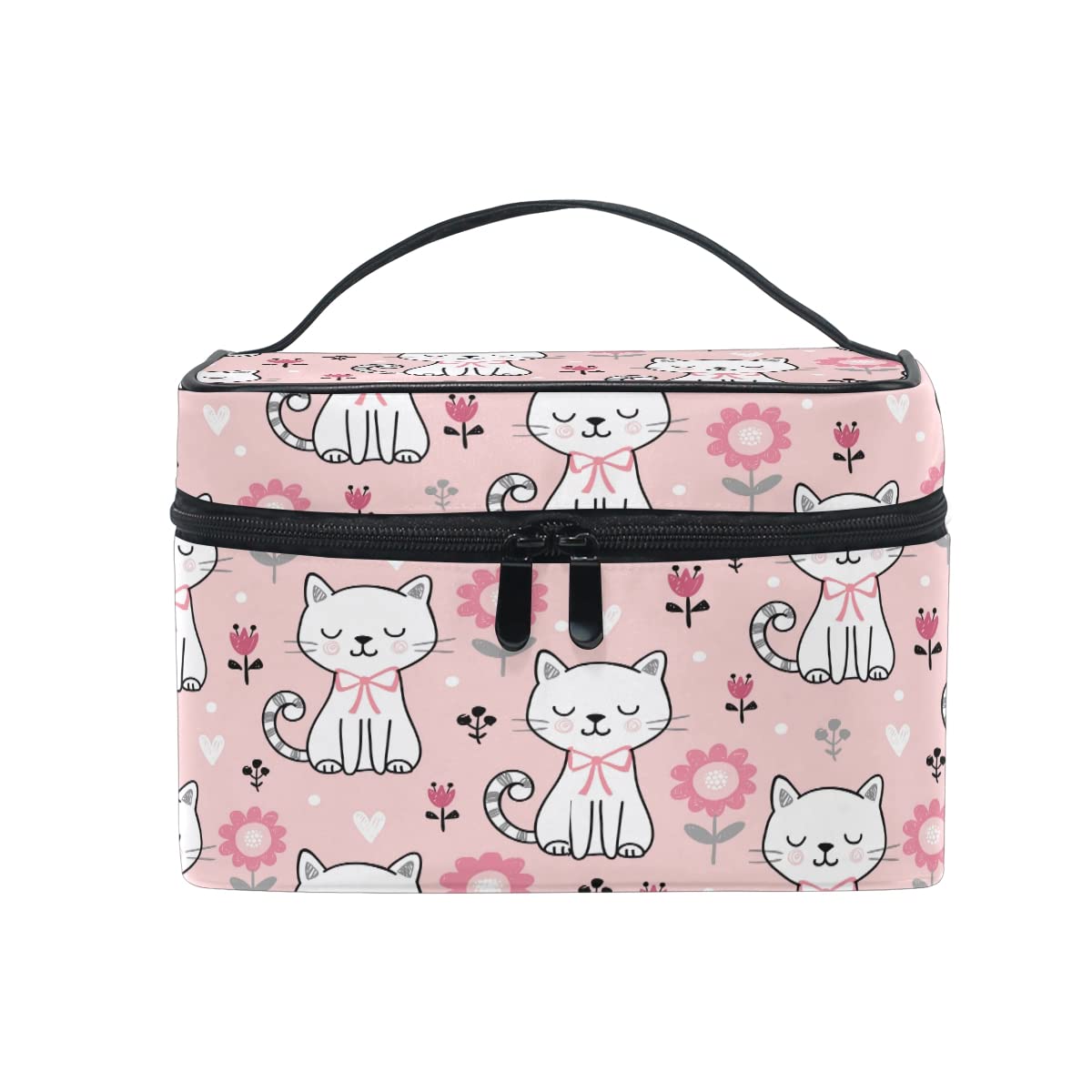 Makeup Bag, Cute Cat Floral Print Cosmetic Toiletry Storage Organiser Case Large Travel Handle Personalised Pouch with Compartments for Teenage Girls Women Lady Pink