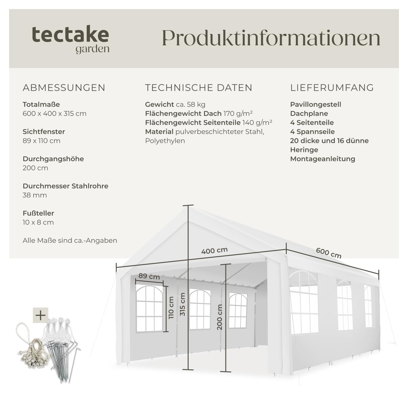 tectake® Pavillon, Partyzelt 4x6 m, 100% wasserdicht, Gartenpavillon mit 4 Seitenwänden, Festzelt mit UV-Schutz, Eventzelt, inkl. Erdnägel und Spannseile, für Festival, Hochzeit, Party - weiß 6