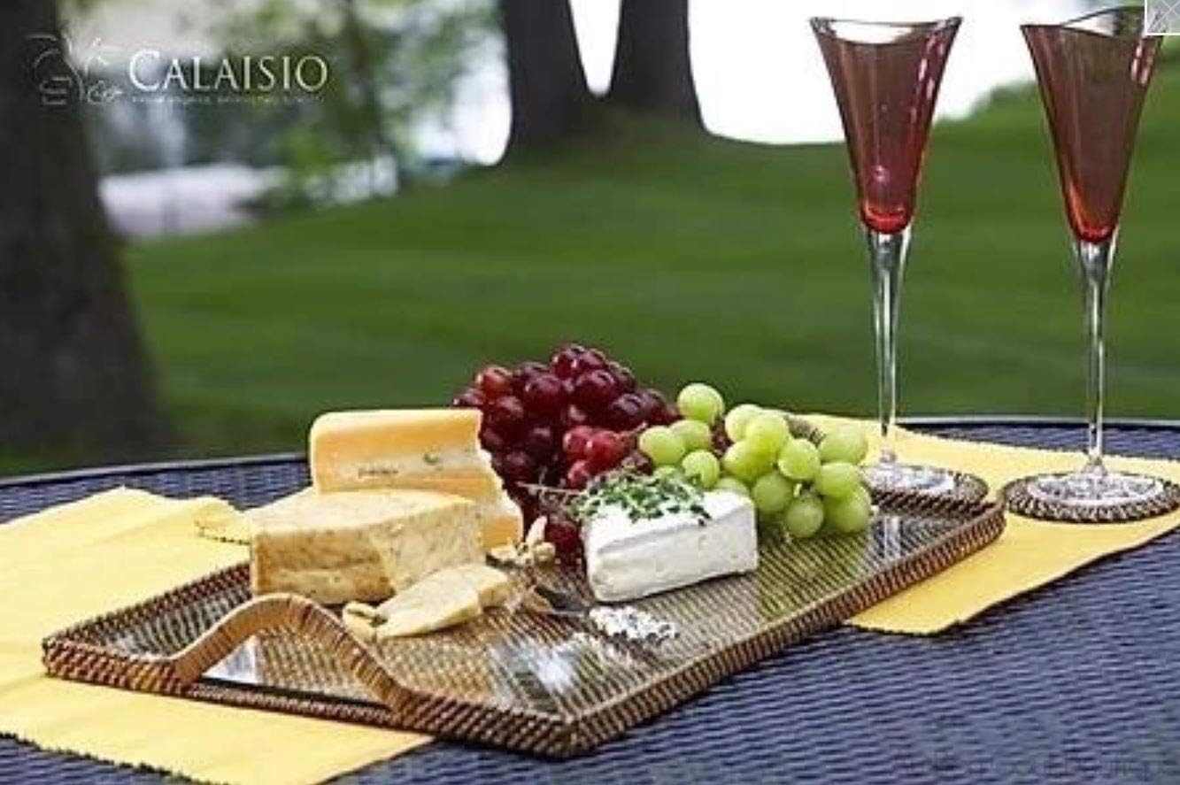Calaisio, Medium Woven Serving Tray with Handles, and Removable Glass Bottom Insert, 17 Inches x 12 Inches