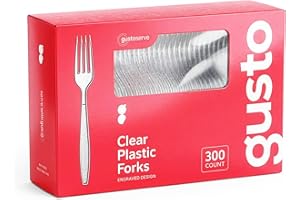GUSTO Comfy Package [300 Pack] Heavyweight Clear Plastic Forks with Engraved Design - Disposable Sturdy Plastic Utensils for Parties, Weddings, and Events