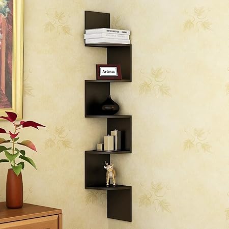 Artesia Black MDF Corner Zigzag Wall Mounted Shelf/Shelves for Home Decor