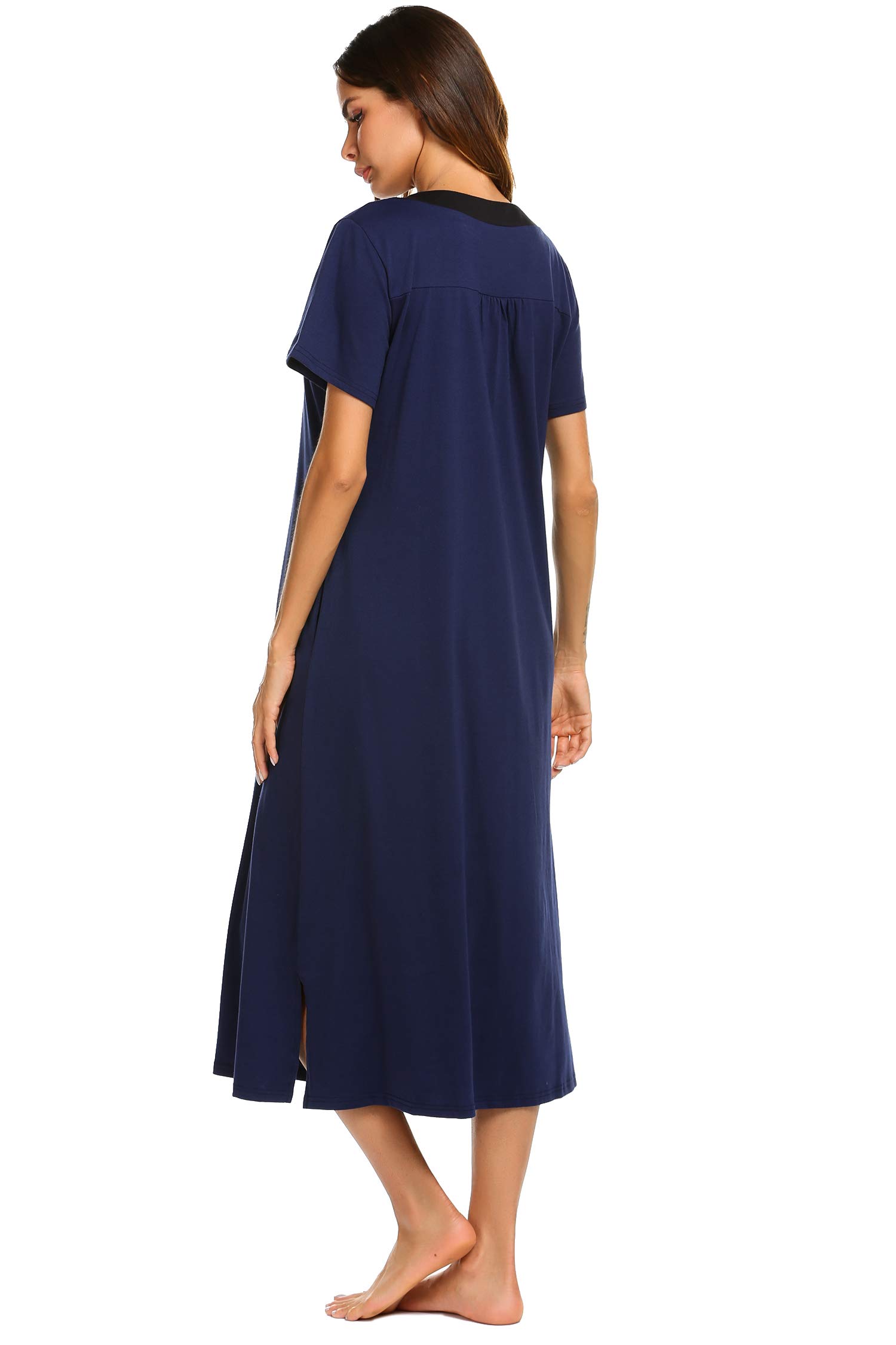 Ekouaer Womens V-Neck Cotton Nightgown Oversized Loose Fit Long Sleep Dress, Navy Blue, Small