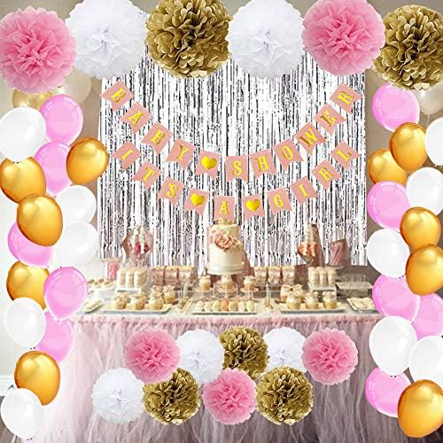 ATFUNSHOP Baby Shower Decoration for Girl - Pink and Gold Party Supplies It's A Girl Banner Balloon Pompoms Foil Fringe Curtain