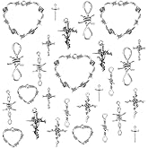PH PandaHall 9 Styles Barbed Wire Chain, 54pcs Cross Charm Pendants Barbed Wire Pendant Heart Charms Alloy Connector Links Hand Chain Charms for Earring Necklace Bracelet Keychain, 0.7~1.8 inch