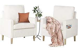 TYBOATLE Modern Teddy Fabric Accent Living Room Arm Chair Set of 2, Furry Cozy Upholstered Mid-Century Chairs w/Armrest Pocket, Club Reading Lounging Side Armchair for Office, Bedroom (Cream White)