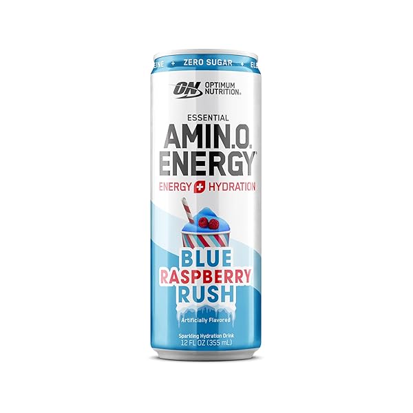 OPTIMUM NUTRITION AMINO ENERGY SPARKLING HYDRATION DRINK, ELECTROLYTES, CAFFEINE, AMINO ACIDS, BCAAS, SUGAR FREE, NEW BLUE RASPBERRY RUSH, 12 FL OZ, 12 PACK (PACKAGING MAY VARY)