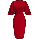 Memoriesea Women's Ruffle Flared Sleeve Bodycon Pencil Formal Cocktail Midi Dress