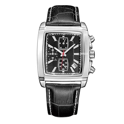 Megir Mens Chronograph Wristwatches Luminous Military Leather Strap Analog Quartz Watch for Man Black