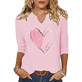 Vircreate Womens 3/4 Sleeve V Neck T-Shirts Valentina's Day Spring Shirts Love Heart Graphic Tee