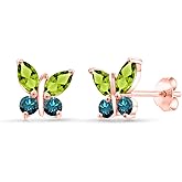 Gem Stone King 18K Rose Gold Plated Silver Marquise Green Peridot and Blue Diamond Butterfly Earrings For Women (1.40 Cttw, Gemstone August Birthstone, Center Stone: 6X3MM, Small Stones: 3MM)