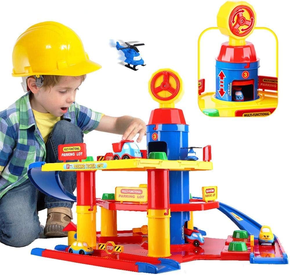 unanscre 3-Level Car Parking Garage Toy, Parking Lot Garage Building Playset, Race Tracks Car Ramp Toy with Elevator, 2 Helicopters and 4 Toy Vehicles, for Boys, Kids, Toddlers Age 3+: Toys & Games