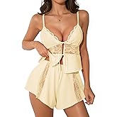 Kolagri Womens Sexy Front Tie Pajamas Lingerie Set High Waist Sleepwear Lace Ruffle V Neck Cami Shorts Nightwear